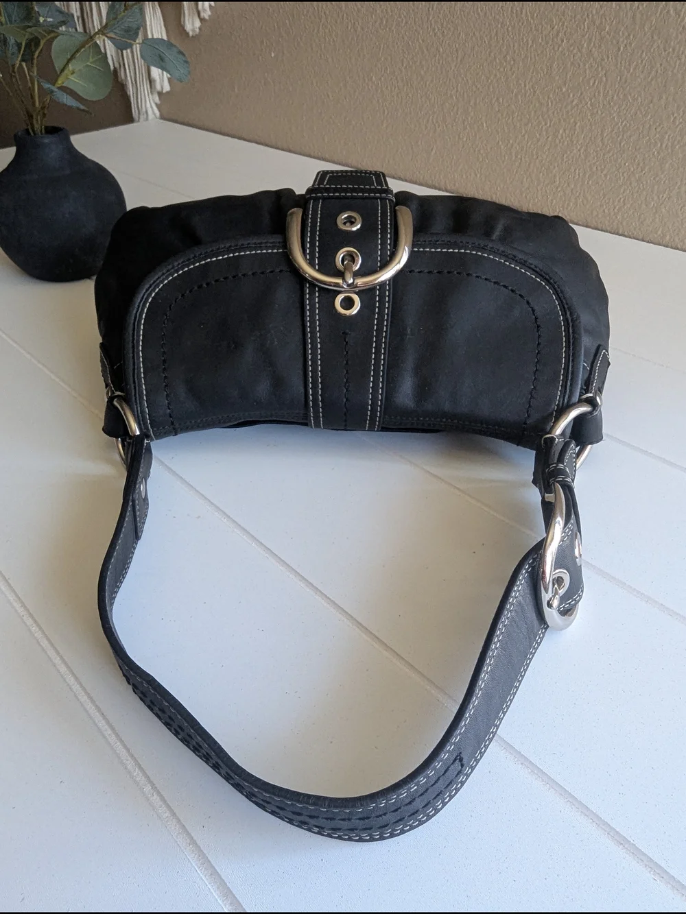 Coach Black Leather Shoulder Bag with Buckle Accent